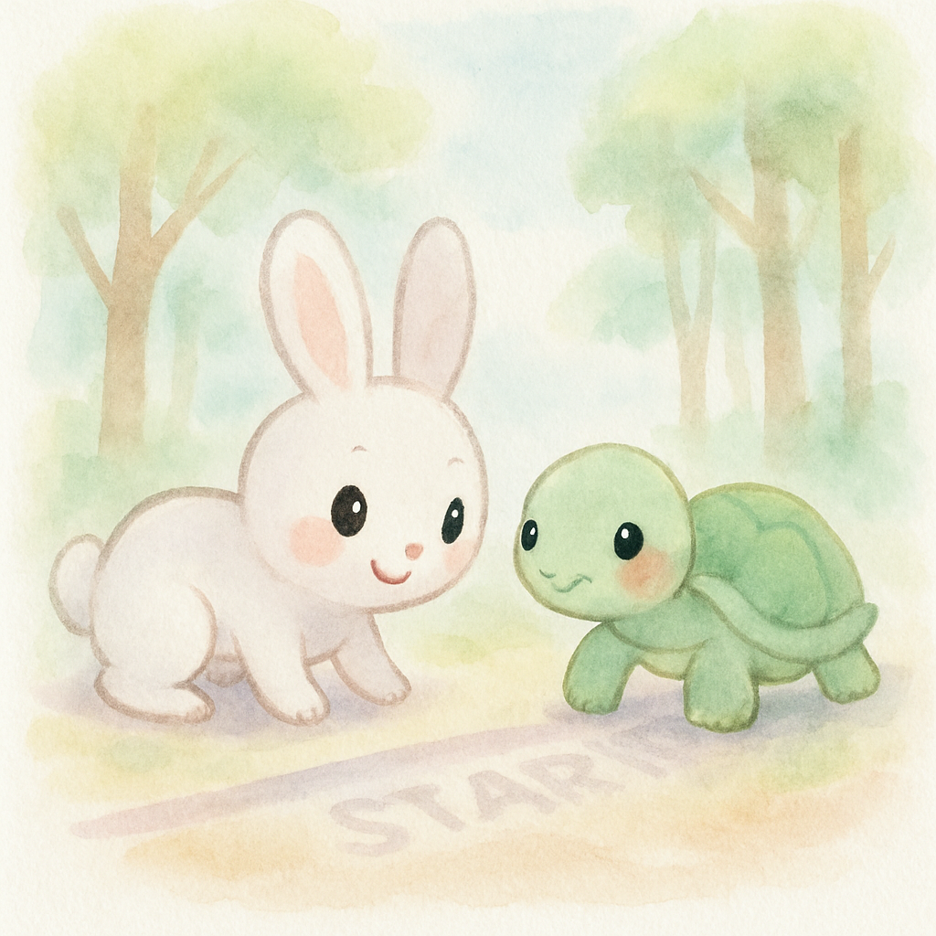 토끼와 거북이가 출발선에서 경주를 시작하는 장면